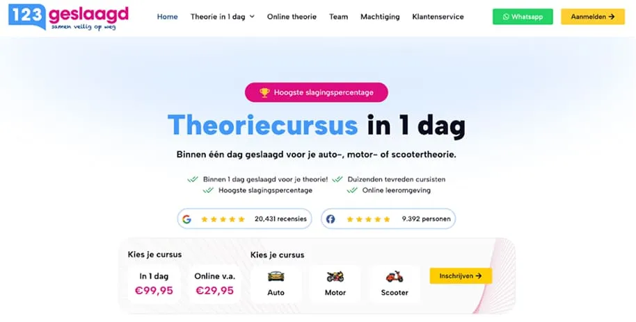 Landingspagina van 123Geslaagd: theoriecursus in 1 dag